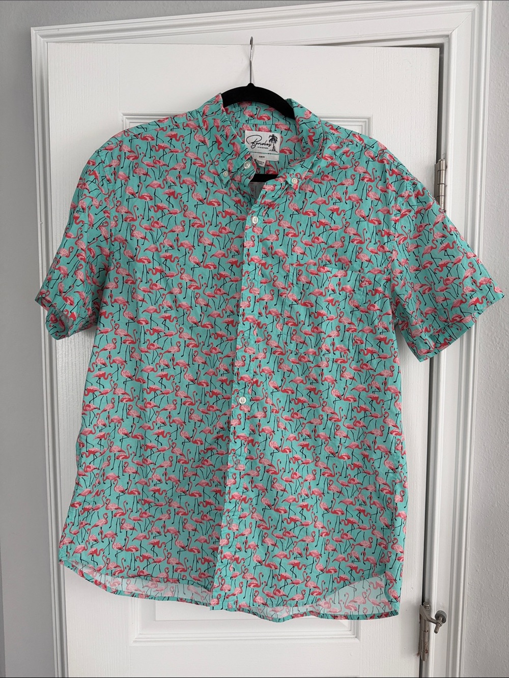 Bonobos Aqua Short-Sleeve Button-Up with Pink Flamingo Print